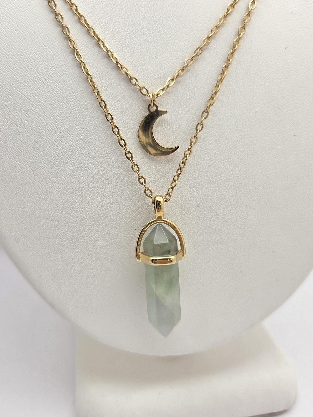 Gold Tone Double Layer Necklace w/ Crescent Moon & Green Crystal Point